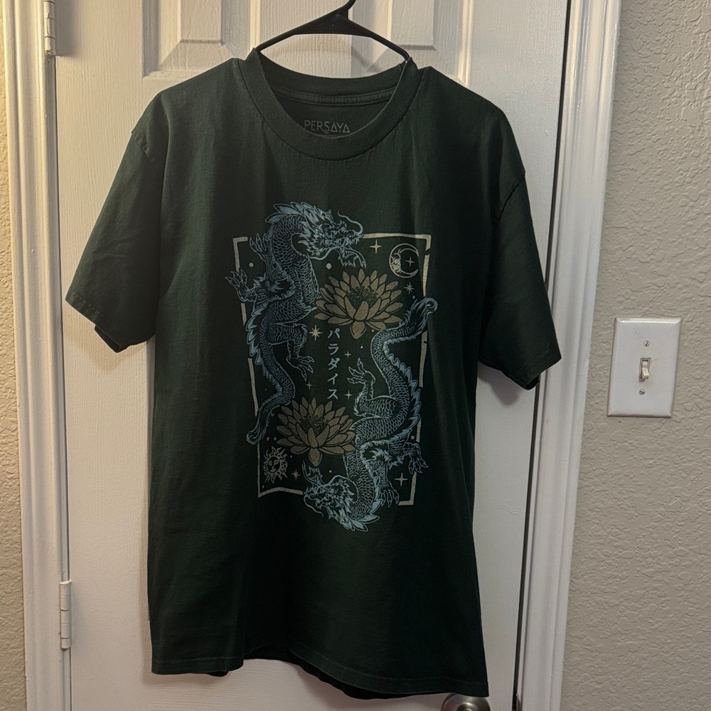 Persaya Dark Green Short Sleeve Tee with Dragon Print